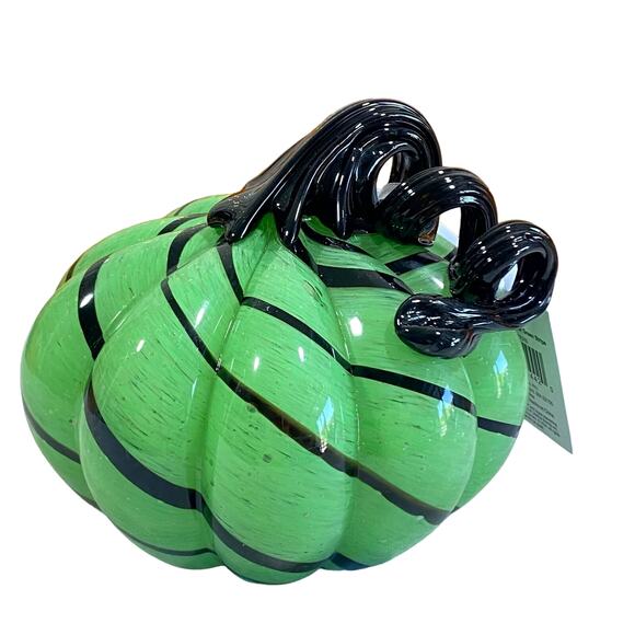 Mikasa Hand Blown Art Glass Pumpkin Black & Green Striped Halloween Fall Decor - Picture 5 of 5